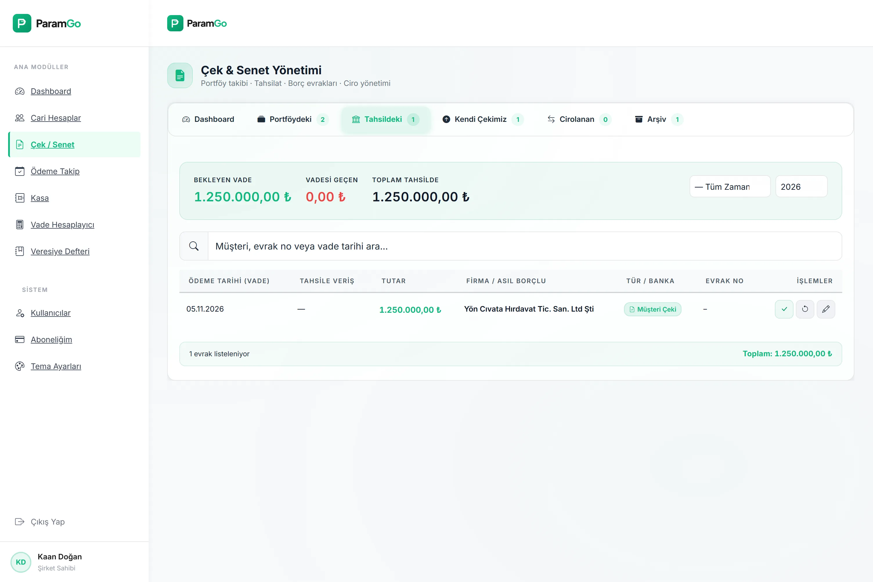 ParamGo Çek - Tahsildeki